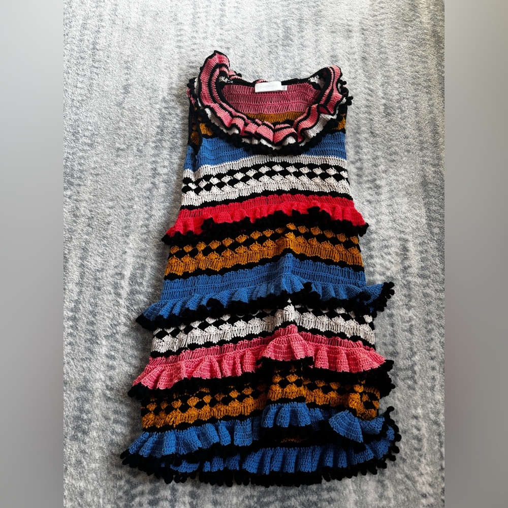 Zimmerman Tiered pompom-embellished crocheted cotton mini dress